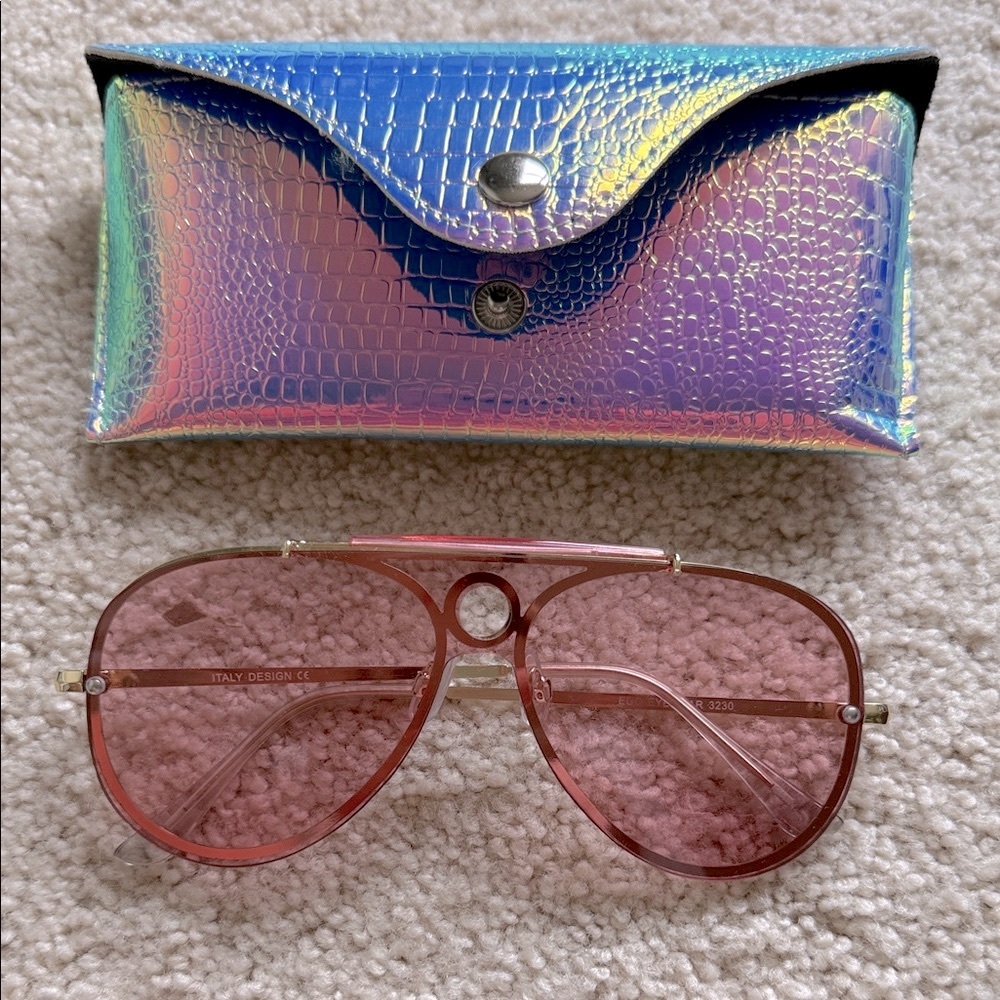 Stylish Pink Sunglasses with Iridescent Case